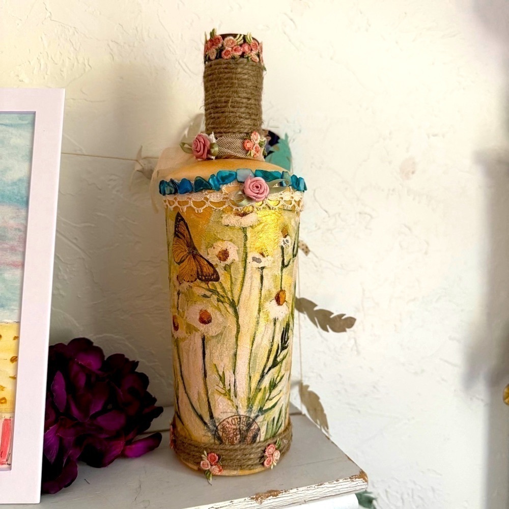 Art Bottle Whiskey Bottle Flowers Butterfly